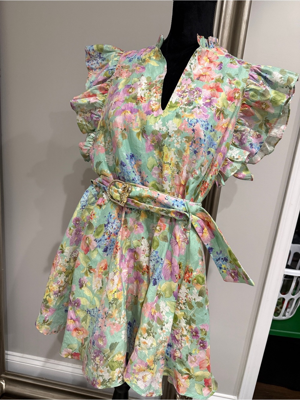 Lavender Brown Mint Floral Ruffle Belt Dress